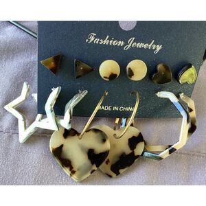 4540NIP 6 Pair earrings, star, hearts, circular & triangle, round, heart shaped